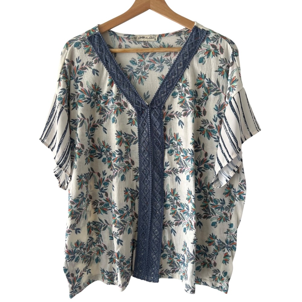 All in Love Floral Crochet Lace V-Neck Top Boho Striped Sleeve Plus Size 3XL